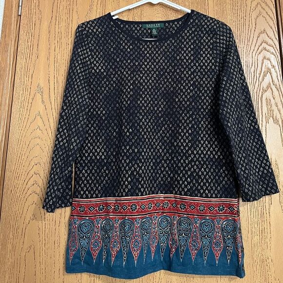Lauren Ralph Lauren Women’s Black Multi in Abstract Print 3/4 Sleeve Shirt Sz-M - Picture 1 of 6
